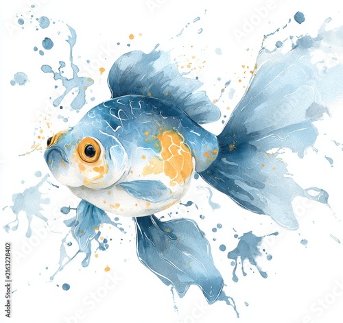 Watercolor blue goldfish swimming fishes illustration
