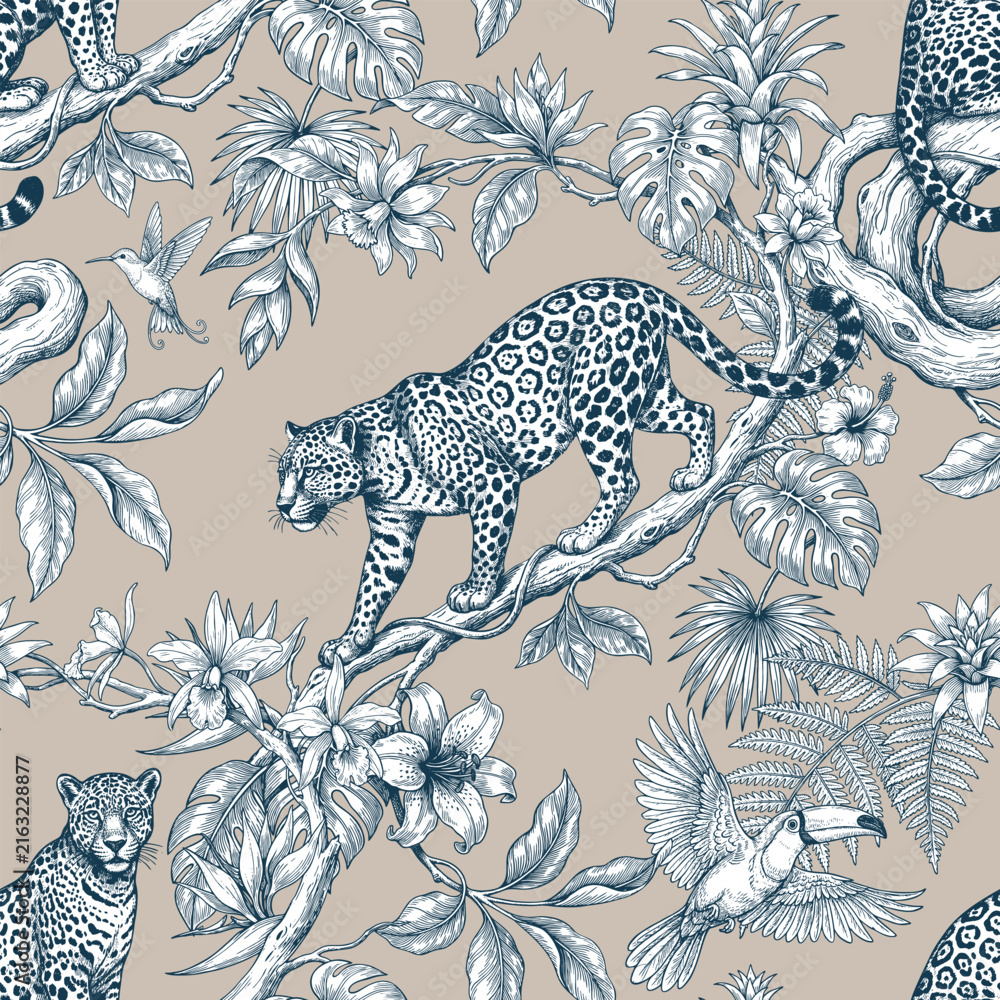 Fototapeta premium Seamless vector pattern with leopard among tropical plants. Vintage engraving style illustration.