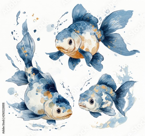 Watercolor blue goldfish swimming fishes illustration
