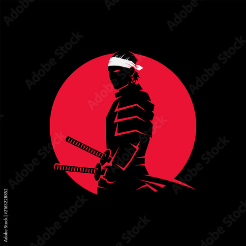 Silhouette samurai warrior with white headband