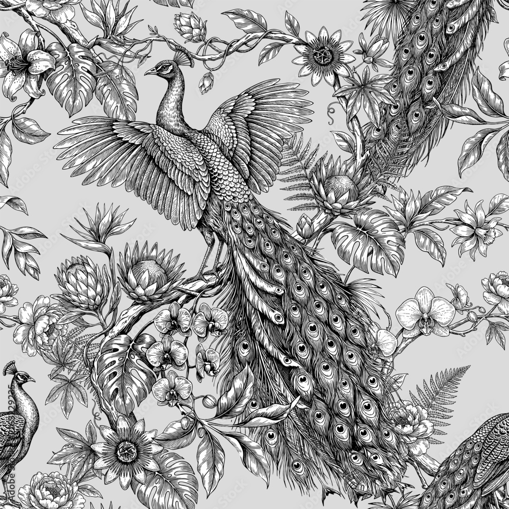 Fototapeta premium Seamless vector pattern with peacocks among tropical plants. Vintage engraving style illustration.