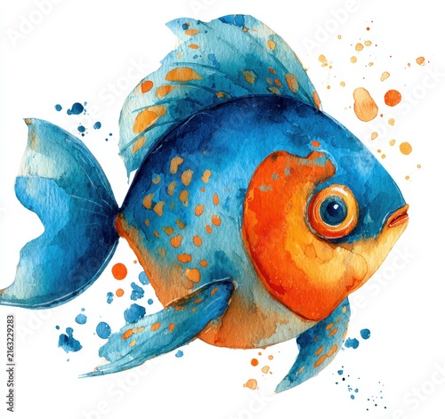 Cute watercolor blue fish cartoon illustration

