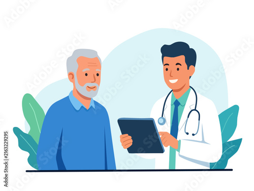 Flat vector illustration of a senior man consulting with a doctor using a digital tablet, representing medical examination, healthcare consultation, diagnosis, and elderly care