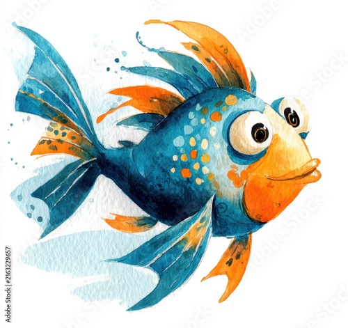 Cute cartoon watercolor blue fish illustration


