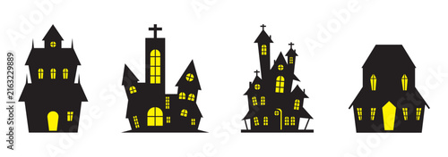 Set of haunted houses with glowing windows for halloween illustration