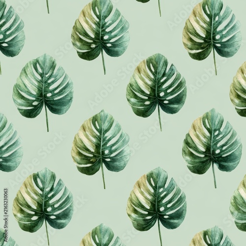 Watercolor tropical monstera leaves seamless pattern

