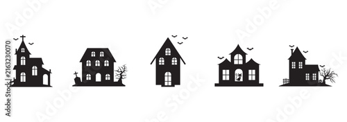 A collection of five different spooky haunted house silhouettes presented as isolated on transparent background