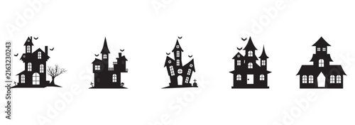 A collection of five different spooky haunted house silhouettes presented as isolated on transparent background