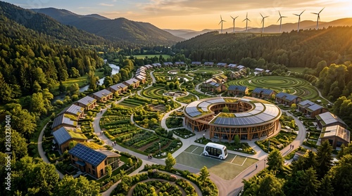 Aerial View of Sustainable Eco Friendly Village with Solar Panel Houses Wind Turbines and Autonomous Shuttle