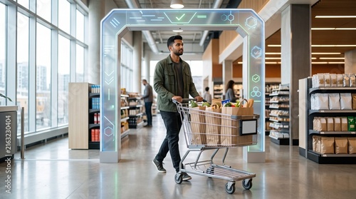 Young Man Pushing Shopping Cart Filled with Groceries Through Futuristic Automated Checkout Scanner Gate in Supermarket