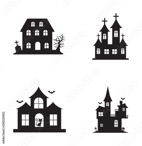 Spooky halloween haunted house silhouettes set collection vector illustration with bats and graveyard elements isolated on white background.