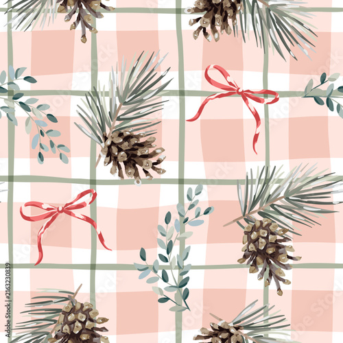 Christmas seamless pattern, green pine twigs with cones, red bows, gingham background. Vector illustration. Cozy design. Season greeting. Winter holidays
