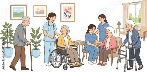 Nursing Home Care Vector Illustration Featuring Caring Medical Staff Attending Senior Elderly Patients with Wheelchair Walker and Cane in Cozy Lounge Room