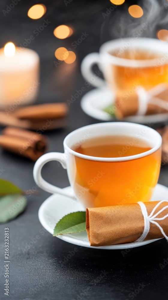 Fototapeta premium Cozy Autumn Tea Time with Cinnamon and Candles.
