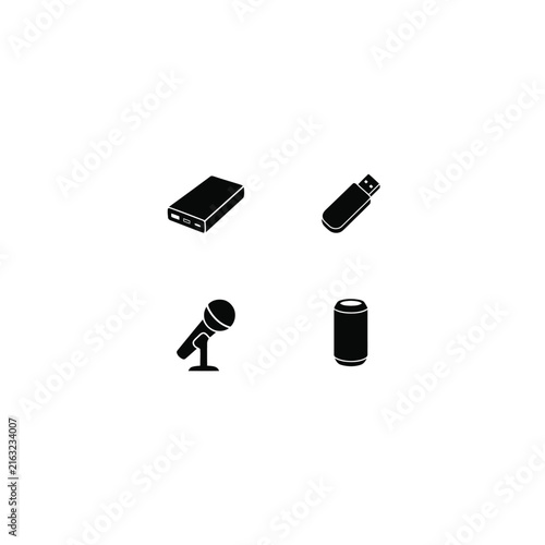 Power Bank,pendrive ,Microphone,Bluetooth speaker black vector silhouette
