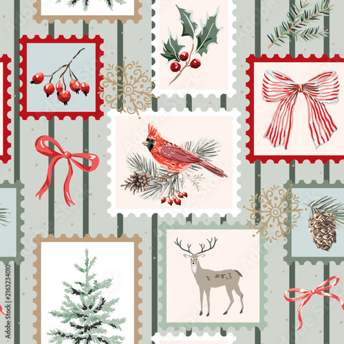 Christmas seamless pattern, stamps, deer animal, cardinal bird, green fir tree, holly twig, berries, pine cone, red bow, stars, striped background. Vector illustration. Festive design. Season greeting