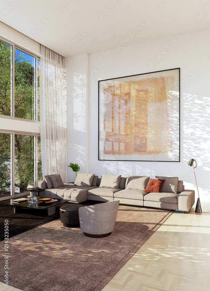 Naklejka premium 3D render, illustration Fan Ventilation Large Luxury modern living room interior, brutalist architecture realistic lighting, Graphic Overlay wide angle, contemporary furniture, clean lines, minimal