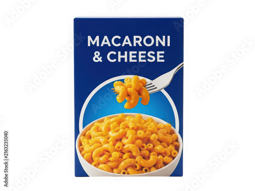 Box of macaroni and cheese with a bowl of pasta isolated on transparent background