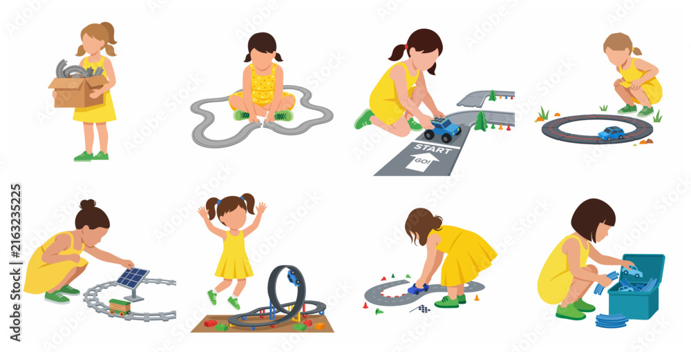 Fototapeta premium Little girl playing with toy car track set and racing cars flat vector illustration collection on white background