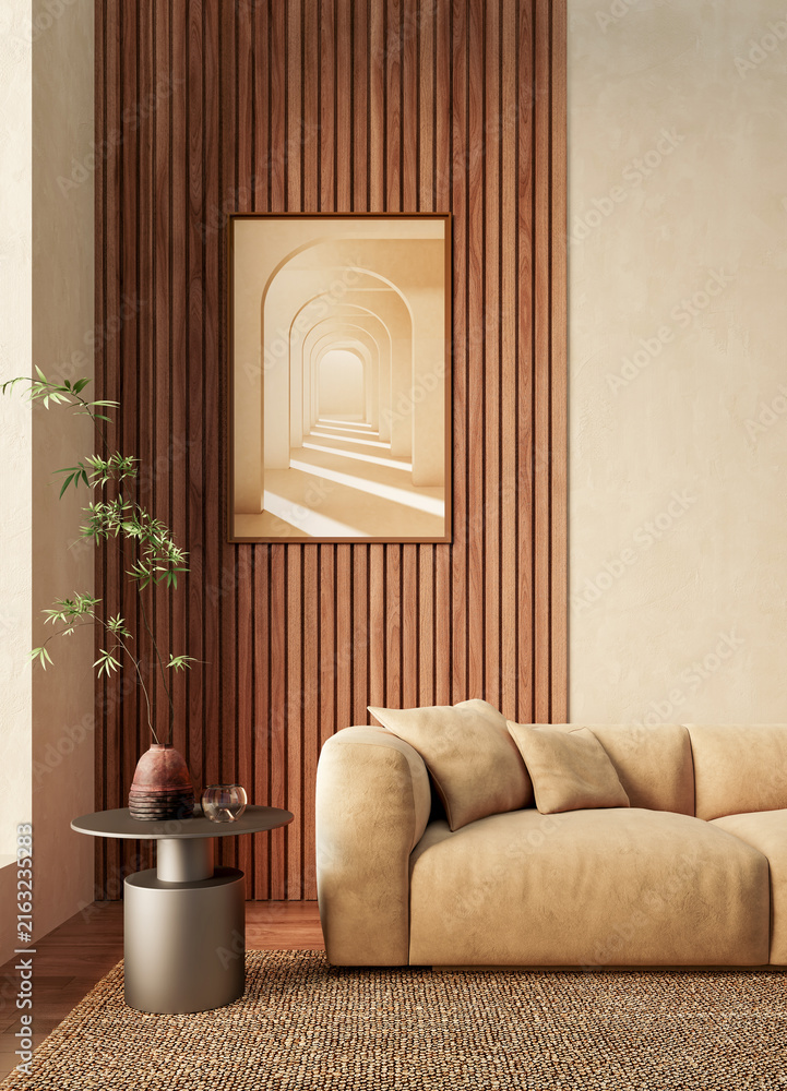Naklejka premium 3D render, illustration Fan Ventilation Large Luxury modern living room interior, brutalist architecture realistic lighting, Graphic Overlay wide angle, contemporary furniture, clean lines, minimal