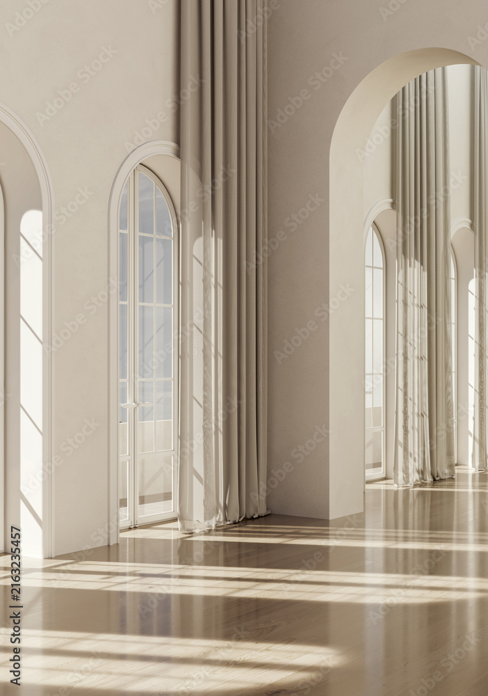 Naklejka premium 3D render, illustration Fan Ventilation Large Luxury modern living room interior, brutalist architecture realistic lighting, Graphic Overlay wide angle, contemporary furniture, clean lines, minimal