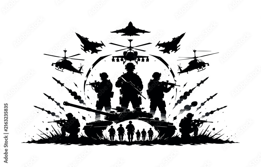 Fototapeta premium Military forces in silhouette with aircraft, tank, and soldiers in action
