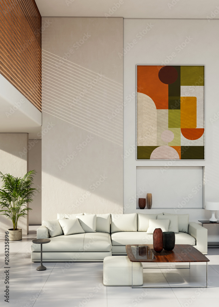 Fototapeta premium 3D render, illustration Fan Ventilation Large Luxury modern living room interior, brutalist architecture realistic lighting, Graphic Overlay wide angle, contemporary furniture, clean lines, minimal