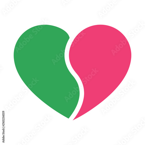 Split Heart Vector Icon in Green and Pink Isolated on White
