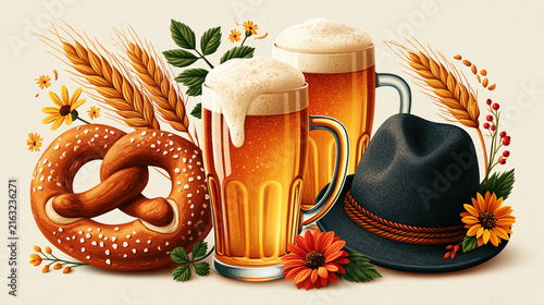 Festive Oktoberfest Celebration Illustration with Beer Mugs and Pretzel Created with Generative AI Technology AI Generative
