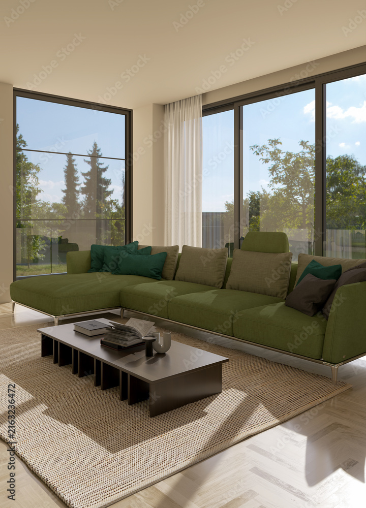 Fototapeta premium 3D render, illustration Fan Ventilation Large Luxury modern living room interior, brutalist architecture realistic lighting, Graphic Overlay wide angle, contemporary furniture, clean lines, minimal