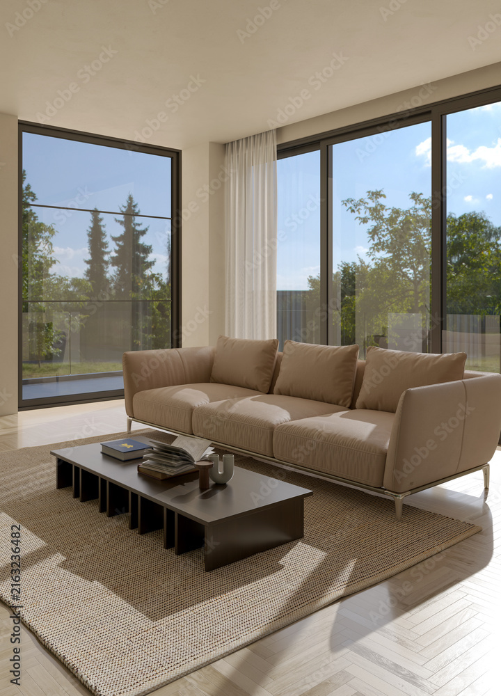 Fototapeta premium 3D render, illustration Fan Ventilation Large Luxury modern living room interior, brutalist architecture realistic lighting, Graphic Overlay wide angle, contemporary furniture, clean lines, minimal