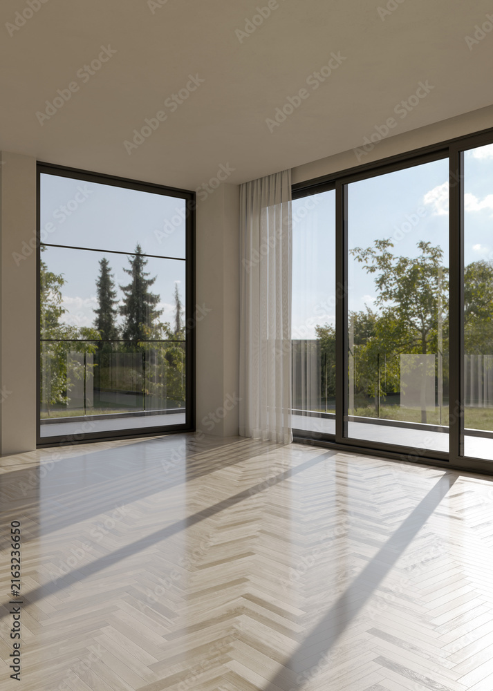 Fototapeta premium 3D render, illustration Fan Ventilation Large Luxury modern living room interior, brutalist architecture realistic lighting, Graphic Overlay wide angle, contemporary furniture, clean lines, minimal