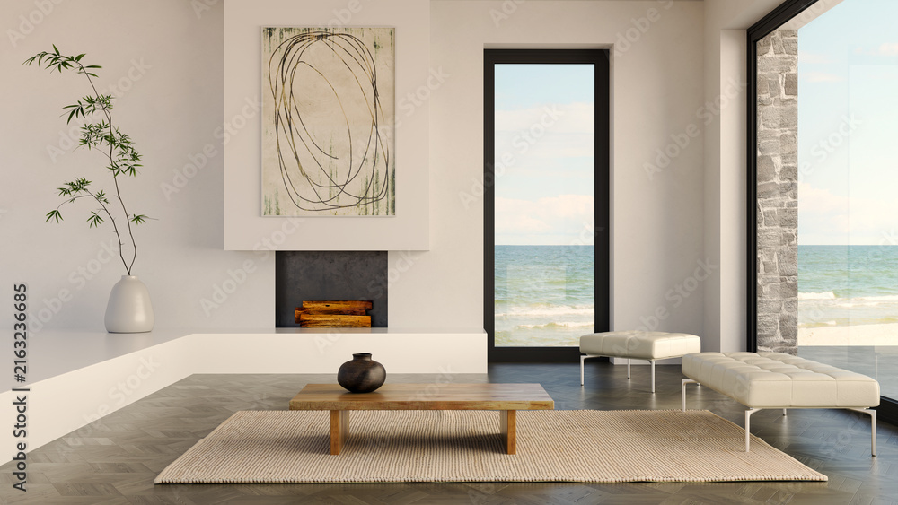Fototapeta premium 3D render, illustration Fan Ventilation Large Luxury modern living room interior, brutalist architecture realistic lighting, Graphic Overlay wide angle, contemporary furniture, clean lines, minimal