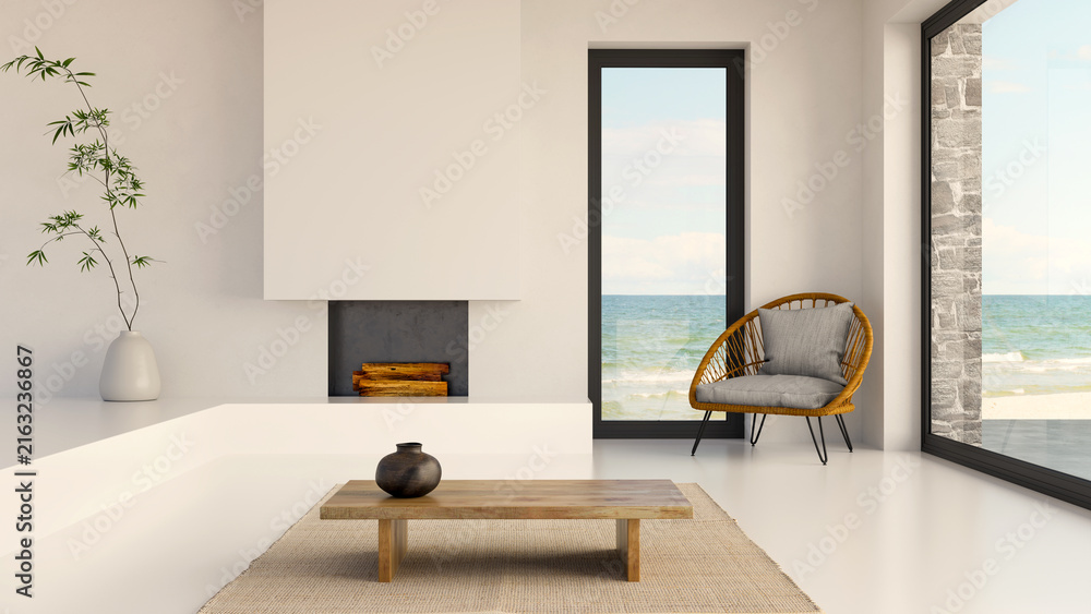 Fototapeta premium 3D render, illustration Fan Ventilation Large Luxury modern living room interior, brutalist architecture realistic lighting, Graphic Overlay wide angle, contemporary furniture, clean lines, minimal
