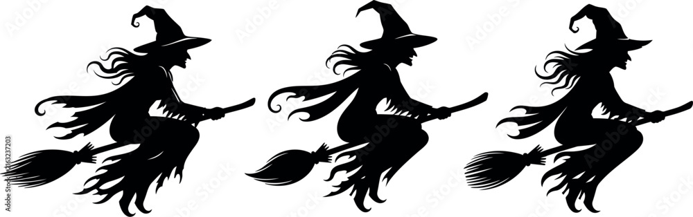Fototapeta premium Witch silhouette flying on broomstick, black Halloween witch vector set, spooky sorceress character icons for holiday decor