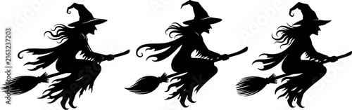 Obraz na płótnie Witch silhouette flying on broomstick, black Halloween witch vector set, spooky