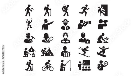 Set of black outdoor activity and sports icon collection on white background