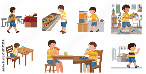 Cartoon illustrations of a little boy at a breakfast buffet choosing pastries, pouring juice and eating