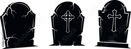 Spooky Halloween gravestone silhouettes, cracked stone tombstone vector set, 3 cemetery headstone icons with crosses