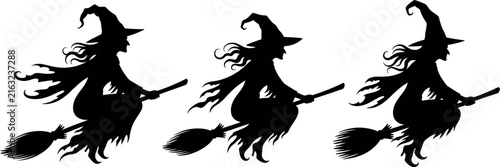 Fotografie Halloween witch silhouette vector set, spooky flying witches on broomsticks, bla
