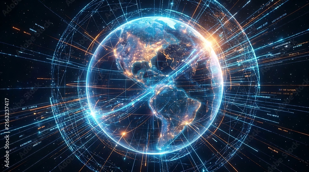 Fototapeta premium Digital earth globe surrounded by glowing data streams and futuristic network connections in deep space background