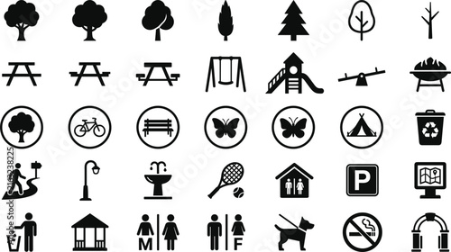 Public Park and Recreation Solid Glyph Icon Set with Playground Facilities Outdoor Amenities Camping Map Navigation and Nature Symbols Vector Illustration