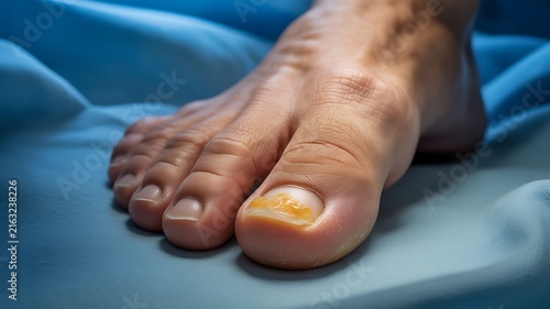 Close-up of a human foot with discolored toenail fungus on a blue fabric background
