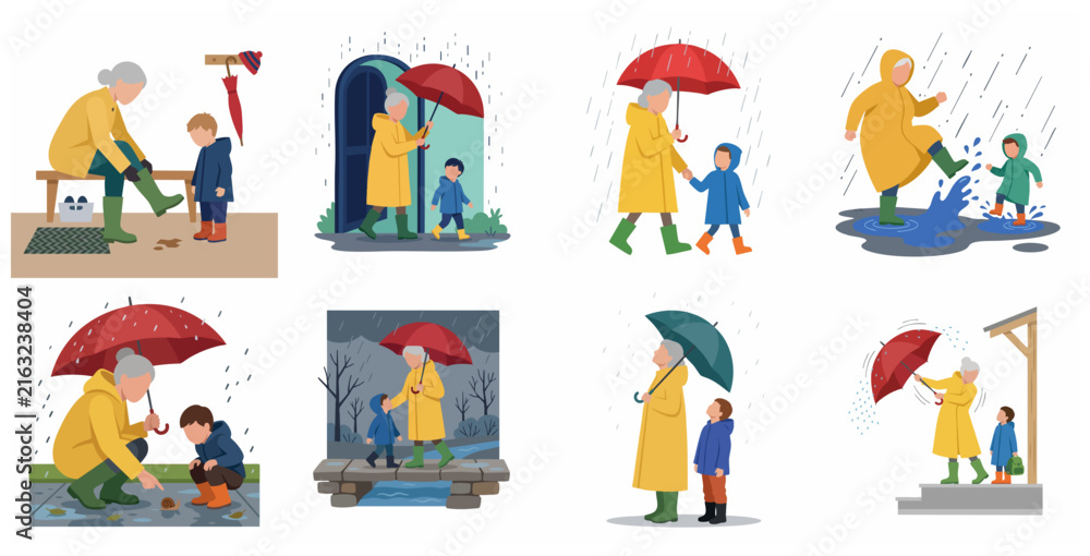 Fototapeta premium Grandmother and Grandson Enjoying Rainy Day Activities Illustration Set