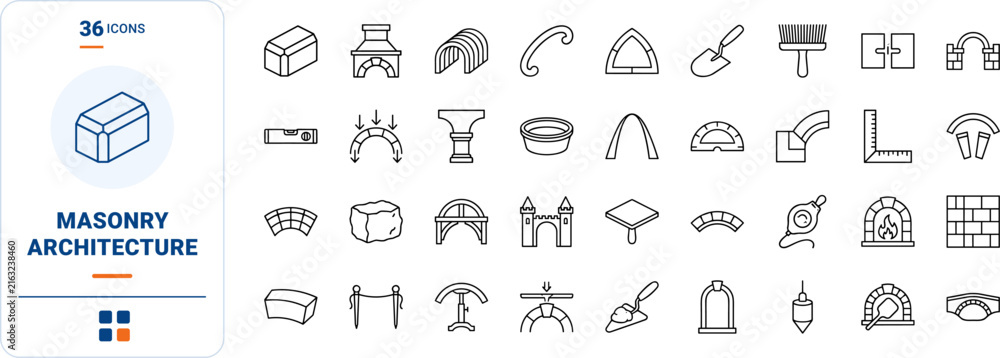 Fototapeta premium Stone Arch line icon set. Vector pictograms of architecture, masonry, construction, and craft elements, thin linear illustration.