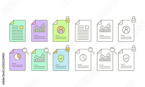 Document icon set for business report data analysis and file management