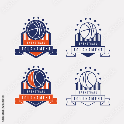 Sport emblem basketball league tournament badges with stars and ribbons