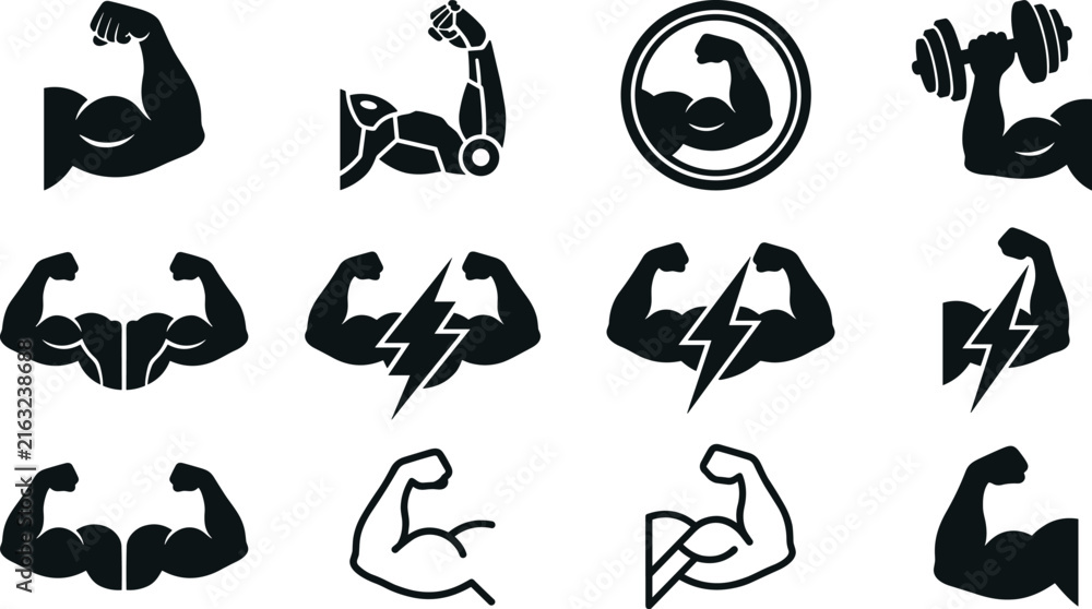 Naklejka premium Strong Muscle Arm Silhouette Icon Set Featuring Biceps Flexing, Dumbbell Weightlifting, Robotic Cybernetic Arm, and Lightning Bolt Power Energy Vector Illustrations