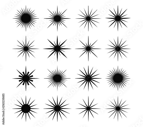 Black starburst icon set with vector sparkle sunburst shape elements and radial star flare bundle.