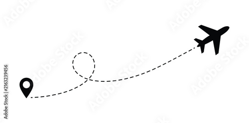 Airplane Travel Route: A silhouette of an airplane charting a course from a location marker. aerial journey, flight path, departure point, destination marker, aviation concept.